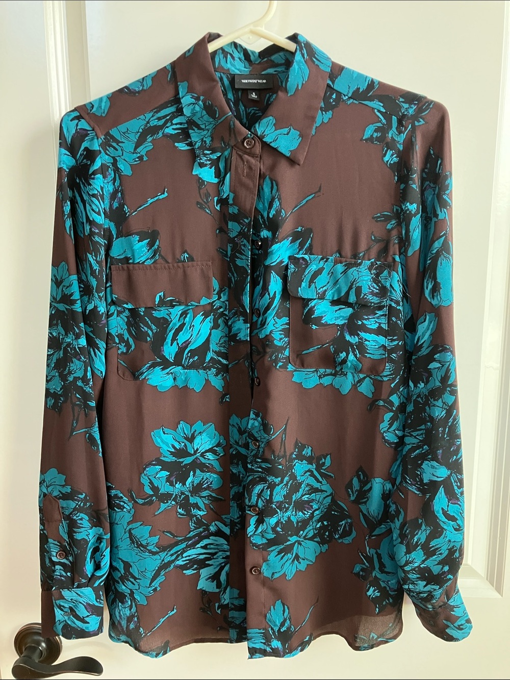 Who What Wear Brown Button-Down Shirt with Teal Floral Print